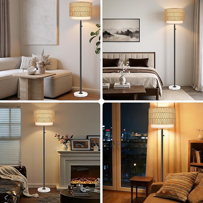 Rattan Floor Lamp,Floor Lamp for Bedroom,Modern Standing Lamp with Marble Base,Dimmable Standing Lamp for Bedroom, Reading,Office & Kids' Room,LED Bulb Included