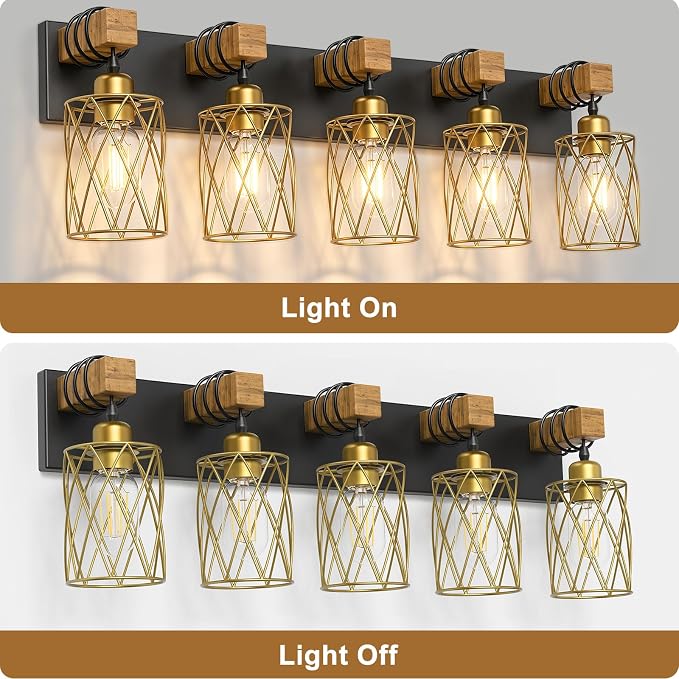 IZORRO Farmhouse Bathroom Vanity Light, 5-Light Wood Bathroom Light Fixtures Over Mirror, Black and Gold Industrial Vanity Lights with Metal Shade, Rustic Restroom Lighting Fixtures