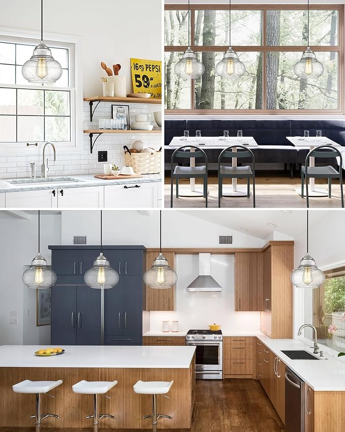 ELYONA 8 Inch Bubble Glass Pendant Light Industrial Kitchen Island Globe Hanging Pendant Light Fxiture Modern Hand Blown Seeded Glass for Farmhouse Dining Room Bar Bedroom Living Room Brushed Nickel