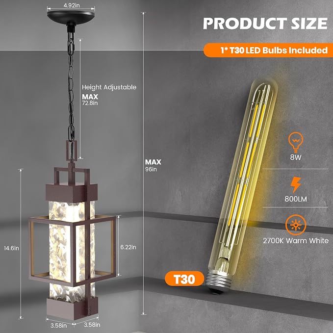 Hotsonic 15'' Oil Rubbed Bronze Outdoor Indoor Pendant Celing Light Fixture, Modern Exterior Hanging Chandelier Porch Lights, Aluminum Outside Lantern Lamp for Entrance Foyer Entryway (Bulb Included)