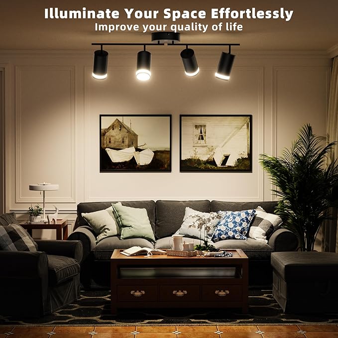 4-Light Track Lighting Fixtures Ceiling, GU10 Black Led Ceiling Spotlight, Modern Track Light Kit for Kitchen Bedroom Living Room