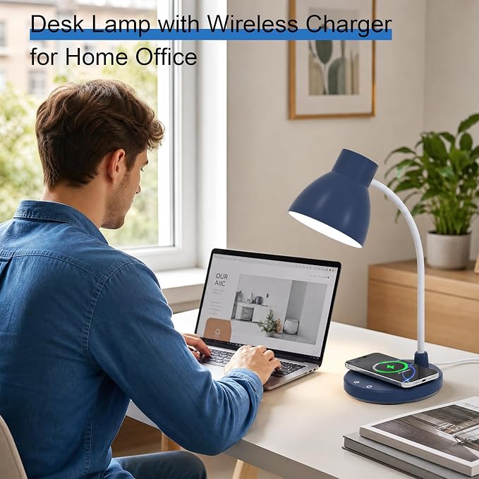 LED Desk Lamp for Home Office with Wireless Charger, Navy Blue | 3 Color Modes Dimmable Eye-Caring Study Reading Dorm Desk Lamp, 360° Flexible Arm Table Lamp for College Dorm Room, 800 Lumen
