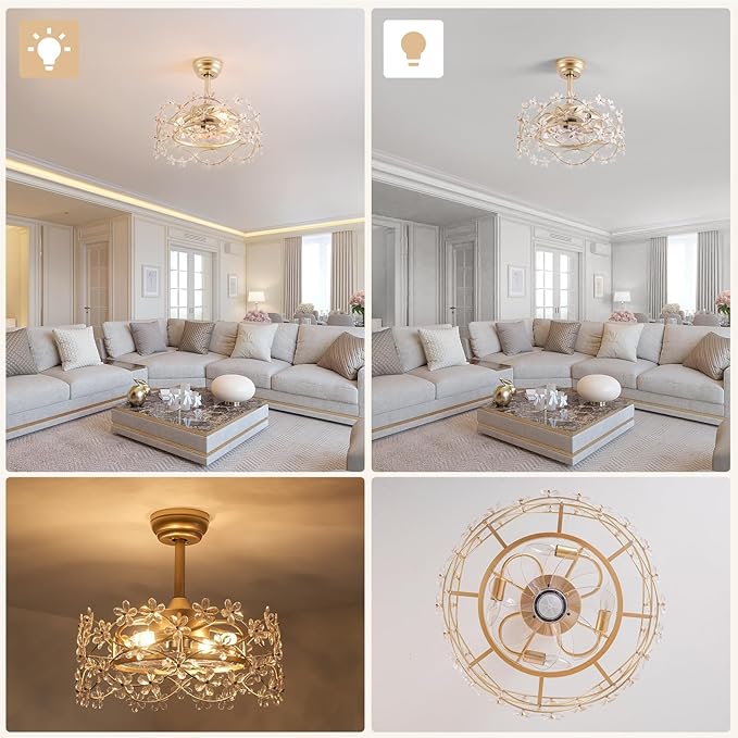 20" Gold Fandelier Ceiling Fan with Light, Flower Crystal Chandelier Ceiling Fan with Light and Remote Control, Modern Caged Enclosed 6 Speeds for Girl's Bedroom, Nursery, Living Room