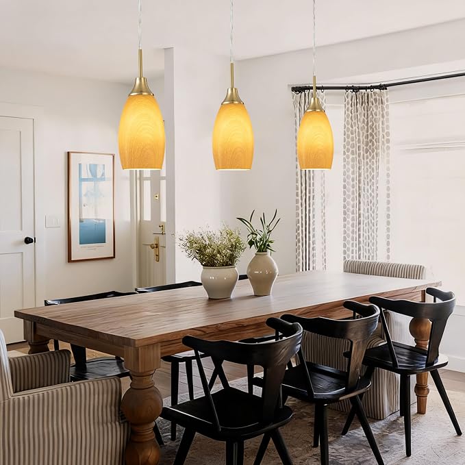 Viinew Mini Glass Pendant Light,4.72" Walnut Wood Grain Pendant Light | 1-Pack Handblown Art Oval Glass Hanging Pendant Light for Kitchen Island Dining Room Living Foyer Hallway Brushed Gold