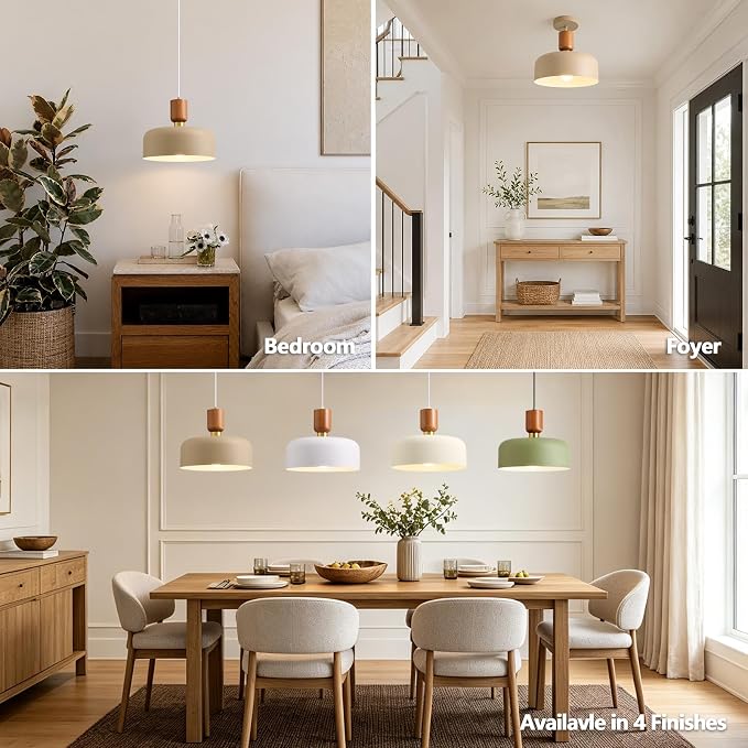 12" Mid Century Modern Pendant Lights Kitchen Island with Brown Metal Shade | Wood Brass Industrial Hanging Light over Sink, Farmhouse Vintage Ceiling Lighting Fixture for Dining Room Entryway Hallway