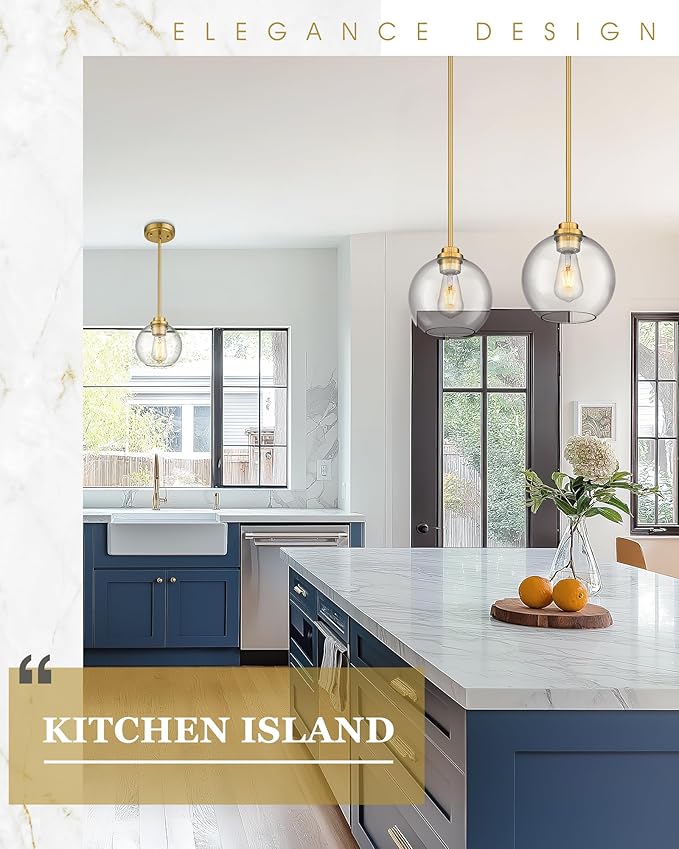 Gold Pendant Lights Kitchen Island, 8" Pendant Light Fixtures with Globe Clear Glass Shade, Modern Kitchen Island Lighting for Bathroom, AD-22280-1PL-GD