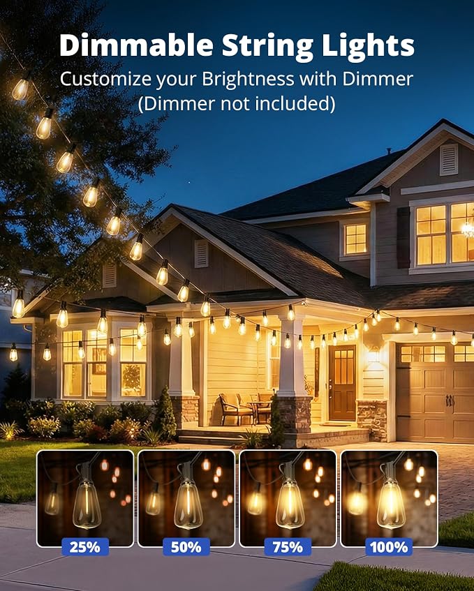 Outdoor String Lights 120FT, Outdoor Party Light with 58 Edison Lights Bulb | Shatterproof,Edison Outside Lights,Plug-In,2700K Dimmable, Connectable, Hanging Light for Porch Garden Backyard Deck Balcony