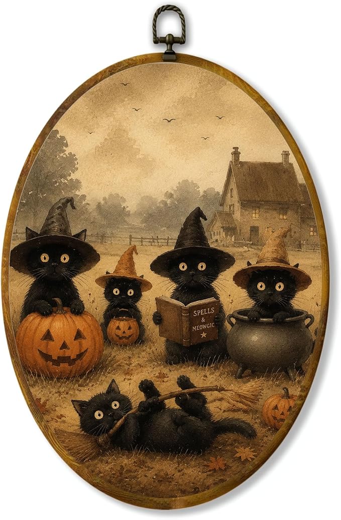 Witch Cat Pumpkin Oval Wall Art, Framed Canvas Decor, 8.5x11.5 Inch | Black witch cats, pumpkin, cauldron, broom and spell book, vintage Halloween decor
