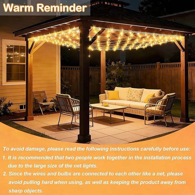 Lovelite 13ft x 13ft Net Lights Outdoor, 400LED Large Gazebo Lights 8 Modes Timer, Waterproof Connectable Christmas Mesh Light Clear Wire for Bushes Patio Pergolas Garden Holiday Party - Warm White