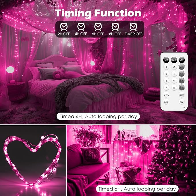 Fairy Lights 66ft 200 LED USB Twinkle String Lights Plug in Silver Wire Lights with Remote and Timer 8 Modes Outdoor Waterproof Starry Lights DIY Party Wedding Christmas Decoration(Pink)