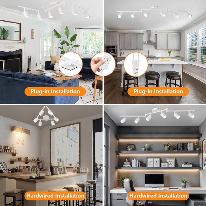 Plug in Track Lighting Kit, 120cm LED 6 Light Kitchen Track Lighting, Corded Wall Light with 16.4ft Cord, 6 Way Ceiling Spot Lighting Flexibly Rotatable Head Includes 6 x GU10 Bulb (6-White-120cm)