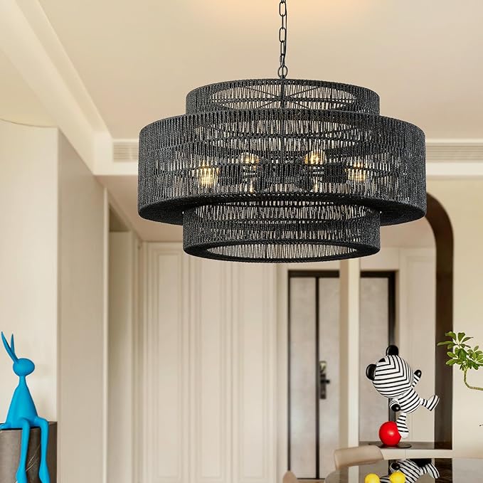 31.5"Large Boho Rattan Farmhouse Chandeliers for Dining Room,8-Light Rattan Hand-Woven Rustic Drum Chandelier Pendant Light Fixture for Kitchen Island Bedroom Living Room Entryway Foyer(Black)