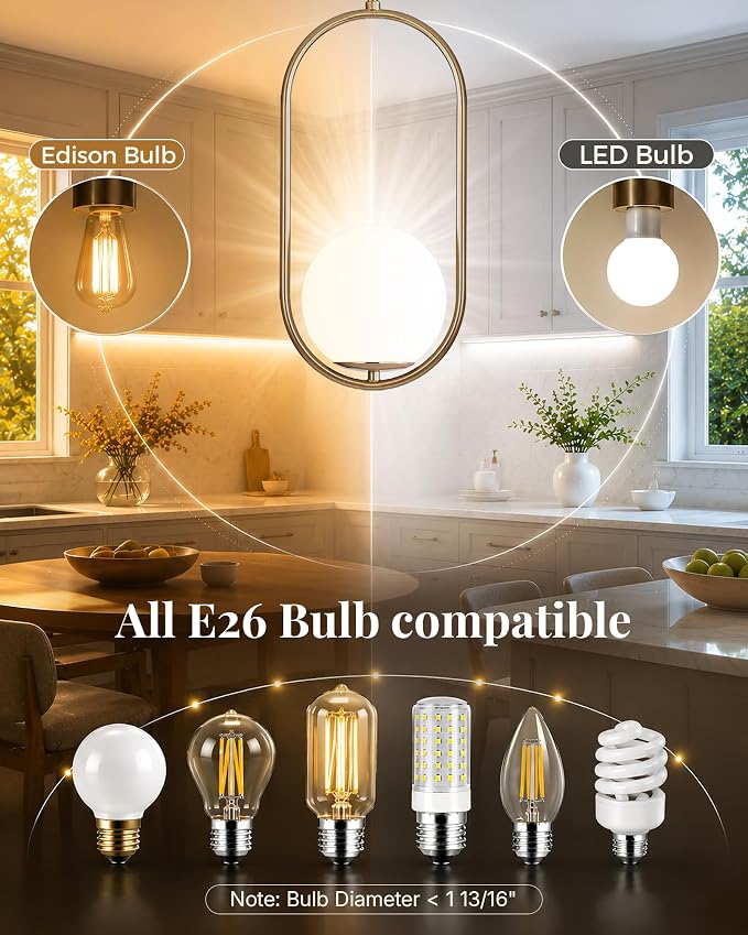 Majade Pendant Lights Kitchen Island, Mid Century Modern Pendant Light Fixtures, Champagne Bronze Globe Glass Pendant Lighting, Chandelier Adjustable Hanging Light for Dining Room Bathroom Bedroom