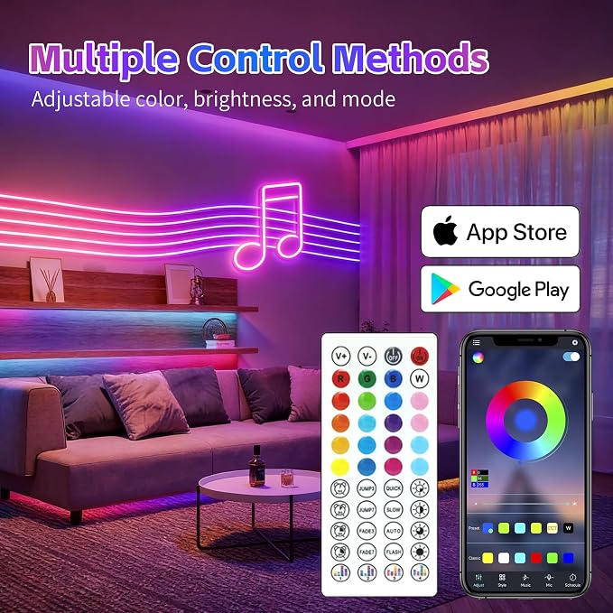 50FT RGB LED Neon Rope Lights, App & Remote Control, Flexible Waterproof IP65 Led Strip Lights, Music Sync Color Changing Multiple Modes Neon Lights for Bedroom Gaming Room Indoor & Outdoor Decor