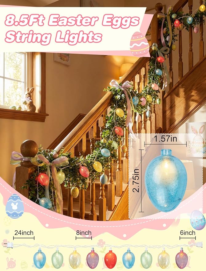 Easter Lights String, 8.5Ft Easter Decoration String Lights with 10 Easter Egg Lights, Multicolor Egg String Lights Plug in for Outdoor Bedroom Party Holiday Home Spring Themed Tree Eggs Decor