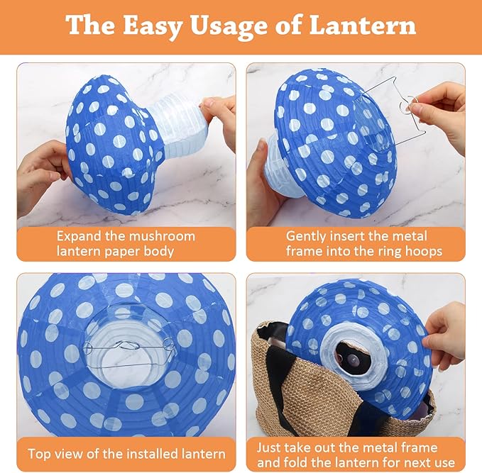 4Pcs Mushroom Shaped Paper Lanterns - Large Mushroom Shaped Lanterns For Nursery, Garden, Christmas Party Decoration - 8 inch, 12 inch (Blue)