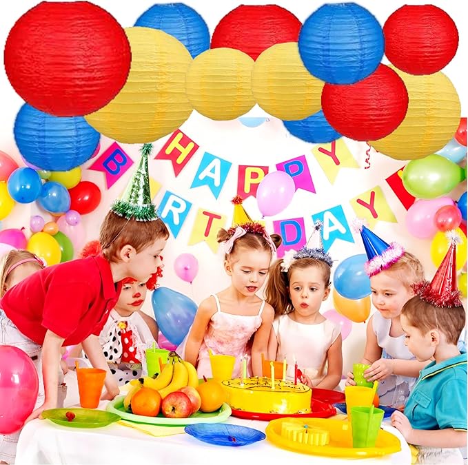 12Pcs Paper Lanterns 6”, 8”, 10”, 12”,Paperlanterns Party Decoration, Red Yellow Blue Paper Lanterns for Wedding, Bridal, Birthday, Outdoor, Home, Garden, Holiday and Party.