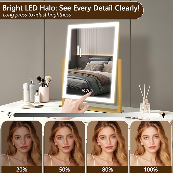 Kotdning Vanity Mirror with Lights, 16.7"×13.2" LED Makeup Mirror, Lighted Makeup Mirror with Lights, Smart Touch Control Dimmable 3 Modes Light, Lighted Up Mirror for Bedroom & Dorm, Gold