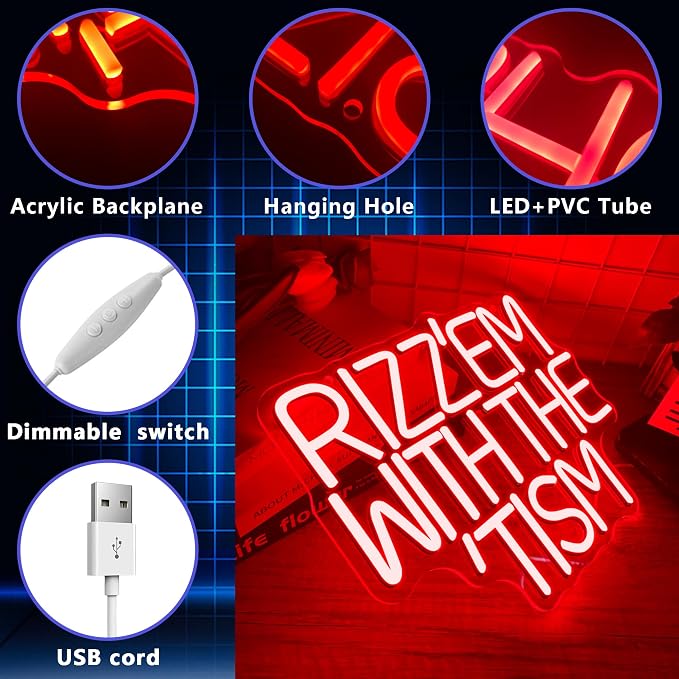 Rizz 'Em With The Tism Neon Signs for Wall Decor,Dimmable Autistic Humor Autism Awareness Neon Light,USB Neon Light for Man Cave Bedroom Kid Classroom Birthday Party Gifts (12.9 * 11in)