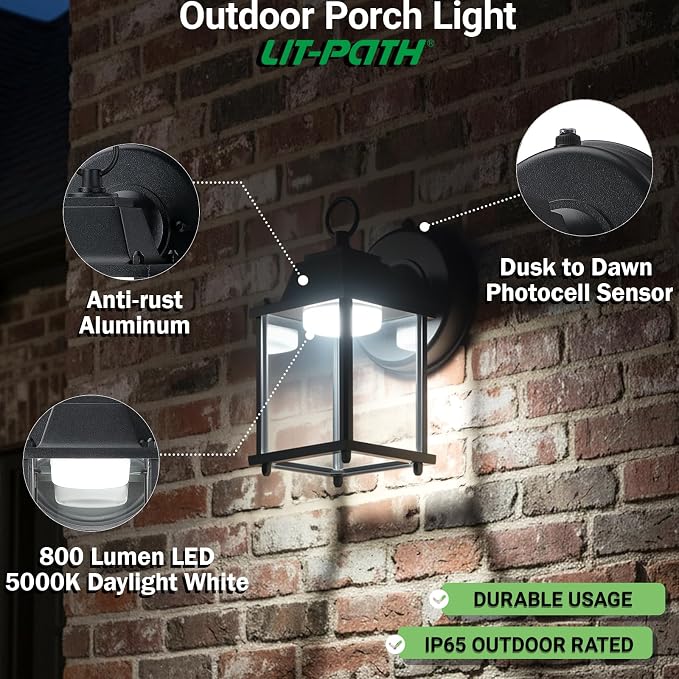 Outdoor Wall Light Fixture Dusk to Dawn, Rustproof Aluminum, LED | Exterior Porch Light Wall Sconce Lantern for House, Patio, Garage, Waterproof, Glass, 9.5W 800 Lumen, 5000K, Black, 2 Pack