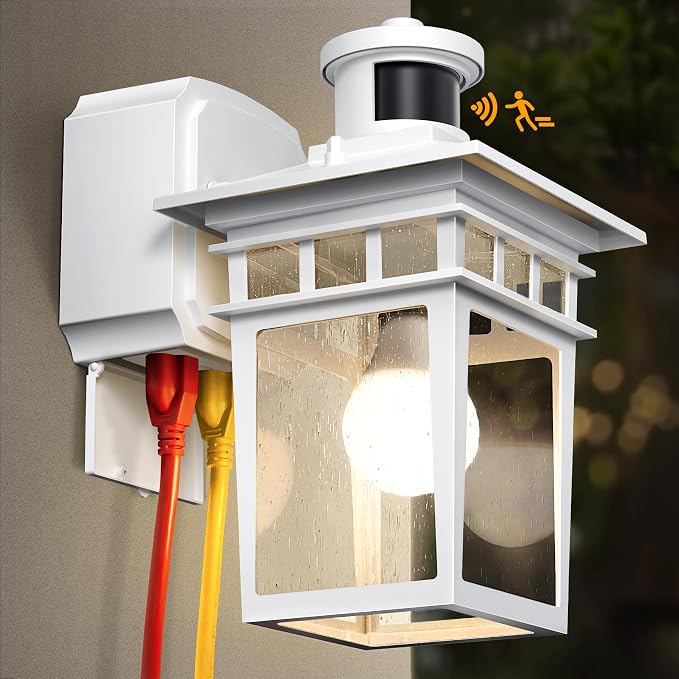 Porch Light with GFCI Outlet, White Dusk to Dawn Motion Sensor Outdoor Lights, 3-Mode Wall Exterior Lighting Fixture, Waterproof Outside Lights Sconce for House Front Door Patio Garage
