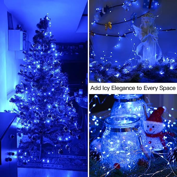 33ft 100 LED Outdoor String Lights, Blue Fairy Lights Battery Operated with Remote, Led Twinkle Lights for Bedroom, Backyard, Wedding, Tree, Mason Jar, Wall, Centerpiece, Christmas