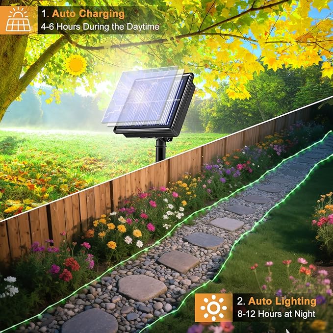 2 Pack Solar Rope Lights Outdoor Waterproof, Total 66FT 270 LED Green Solar String Lights for Outside, 8 Modes Solar Powered Fairy Light for Pool Yard Trampoline Garden Pathway Party Decorations