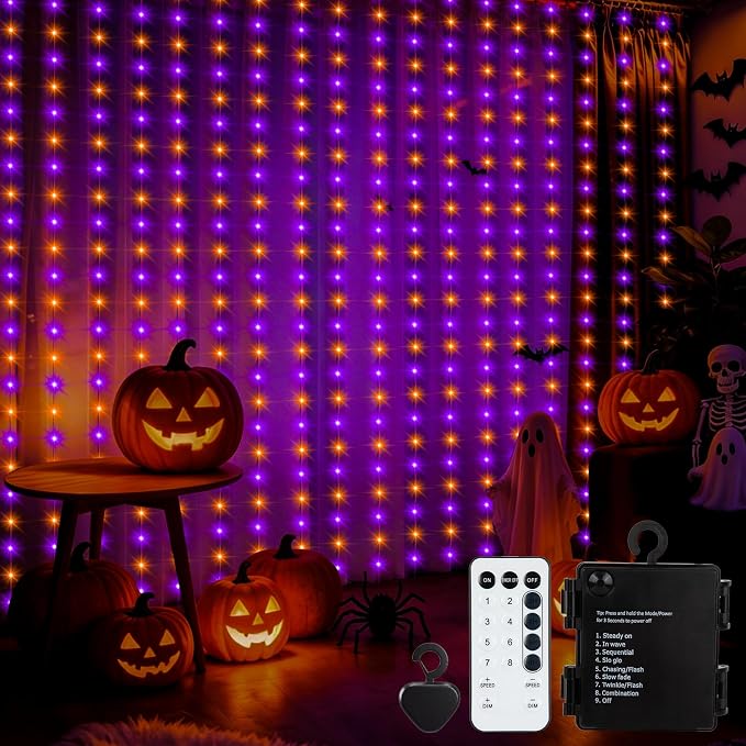 echosari Halloween Curtain Lights Battery Operated 9.8 x 9.8Ft | 300 LED Twinkle Lights Timer for Bedroom Wedding Backdrop Decor Orange & Purple