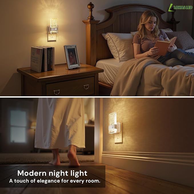 L LOHAS LED Motion Sensor Night Light, Night Light Plug Into Wall 2 Pack | Silver Nightlight, Motion Activated and Dusk to Dawn Sensor, 0-100LM Dimmable, Warm White Nightlights for Bathroom, Hallway