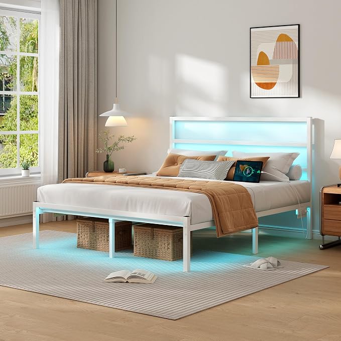 CLIBFENG Queen Size Bed Frame with Headboard,Heavy Duty Steel Slats Support-LED Bed Frame with USB Charging Station,Mattress Foundation-Under Bed Storage,No Box Spring Needed,Noise Free,White