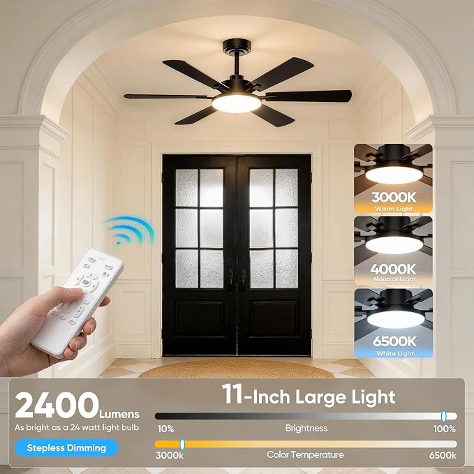 52'' Ceiling Fans with Lights and Remote Control for Living Room | 6 Blades, 6 Speeds, MAX 5600 CFM, Remote&APP Control, 3CCT Dimmable LED, All Metal Body, Memory Function, Reversible DC Motor
