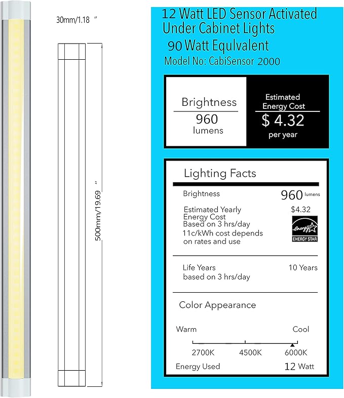Under Cabinet Lighting LED 20In Kitchen Under Counter Light Fixtures Dimmable with Manual Sensor Control,Desk,Over Sink,Tool Box Hutch Light Bar Plug in,3000K Warm White,Sliver White,1pcs