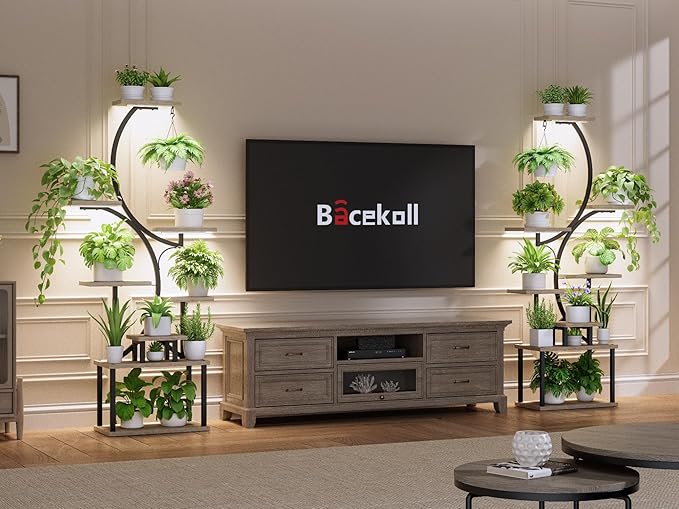 BACEKOLL Plant Stand Indoor with Grow Light, 8 Tier Corner Plant Shelf Tall | 62" Lighted Flower Holder for Plant Multiple, Space-Saving Beautiful Display Growing Rack for Home Patio, Sturdy Metal, Grey