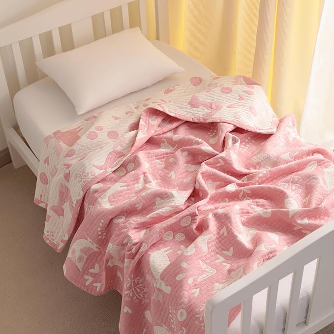 NTBAY 3 Layer Oversized Muslin Toddler Blanket, 45 x 60, Pink Owl | Muslin Cotton Outer Layers with Light Thermal Fiber Fill, Reversible Blanket for Daycare, Travel, Naps, and Supervised Use