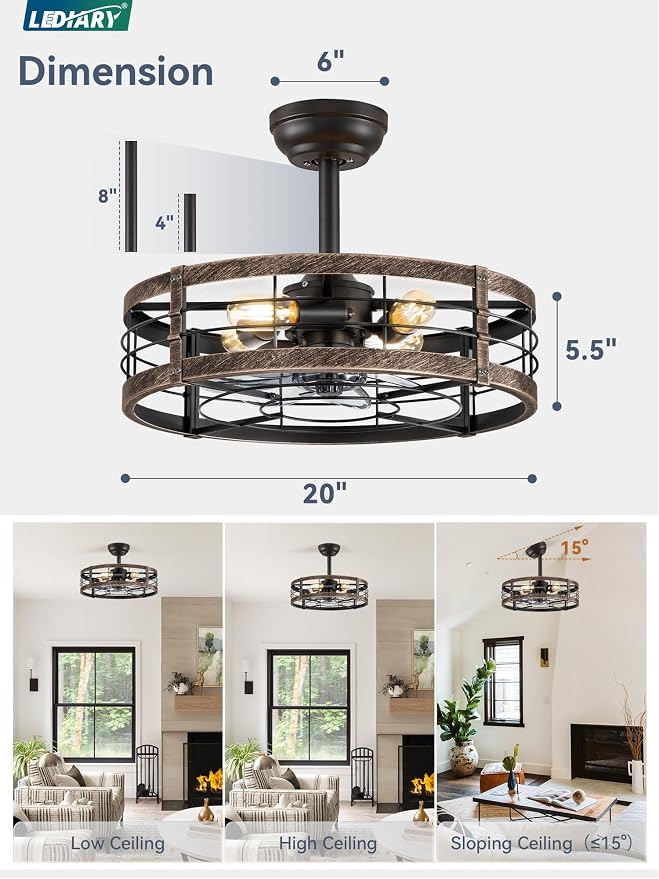 LEDIARY 20 inch Fandelier Caged Ceiling Fan with Light, Black Gold | 6 Speed Adjustable,Timing, Quiet & Powerful DC, Small, Farmhouse, Industrial, Enclosed, Bladeless, Bedroom, Kitchen, Downrod