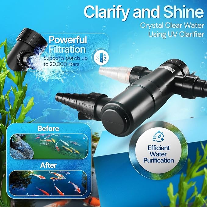 Flexzion Pond UV Lights for Outdoor Ponds - 18W Medium Light, 5283-Gal Capacity, 2500L/H UV Pond Clarifier for Outdoor Ponds, Clears Water in Days (CUV-118) | 18W Uv Light for Pond Clarifier, 2500L/H Flow