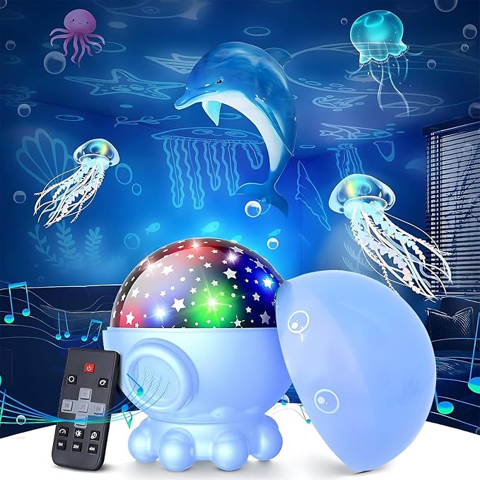 Cute Octopus Night Light Projector,17 Light Modes Ocean Star Projector with 360° Rotation, 3 Projection Films and 9 Lullaby Songs,Night Lamp with Remote and Timer,Gifts for Family and Friends (Blue)