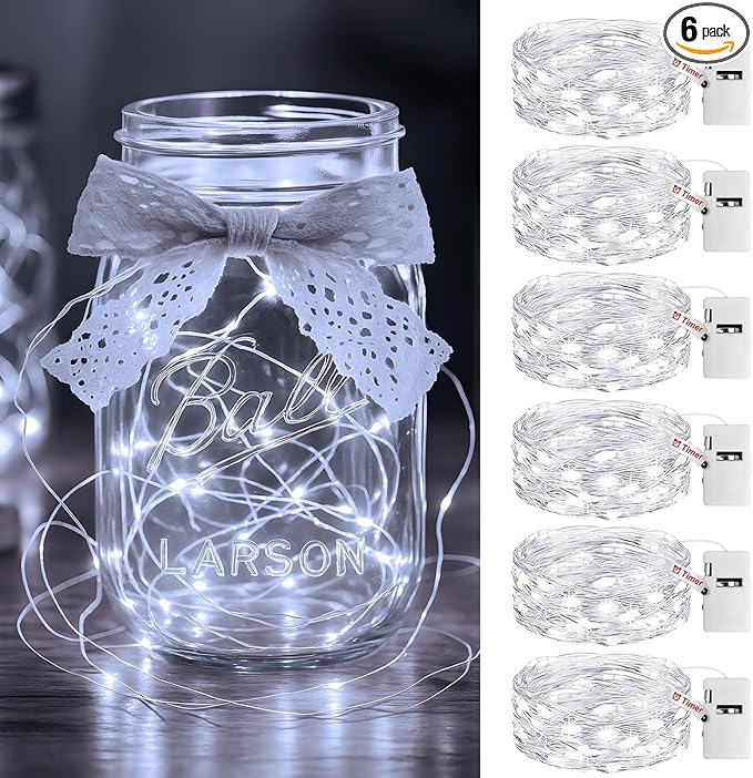 litogo 6 Pack Cool White Fairy Lights Battery Operated with Timer, 20 LED 3 Modes Twinkle Light, 7ft Waterproof Silver Wire Mini Small Bulk Mason Jar String Light, Decor for Wedding Party Christmas