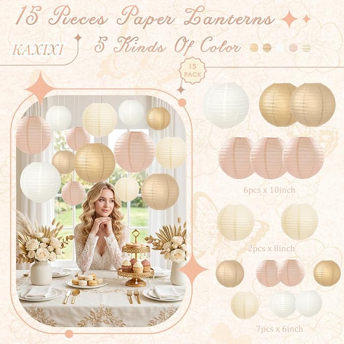 15 Pcs Boho Paper Lanterns - Champagne Gold Beige Peach 6 8 10 Inch Round Hanging Decorations for Birthday, Neutral Baby & Bridal Shower, Rustic Wedding, Fall Party