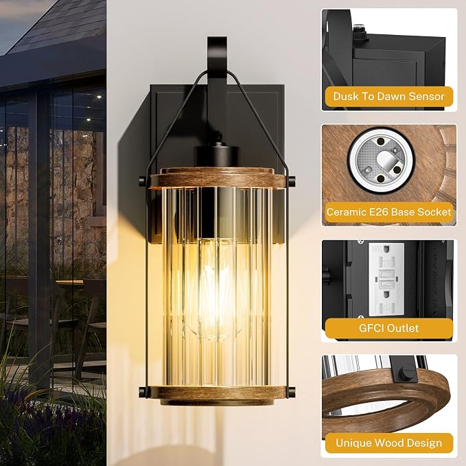 Porch Light with Outlet GFCI Dusk to Dawn Outdoor Lights for House Waterproof Exterior Lighting Fixtures Wood Look Glass Modern Front Porch Garage
