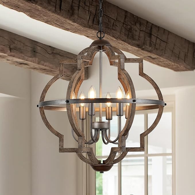 6-Light Wood Farmhouse Chandelier for Dining Room 23'' Vintage Rustic Pendant Light Fixtures Lighting for Hallway Entryway Foyer Kitchen Living Room