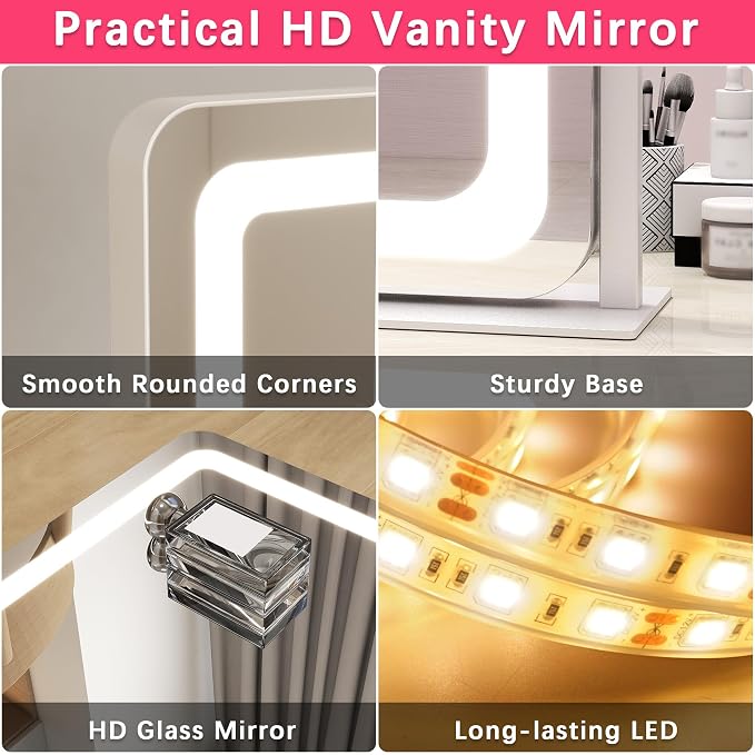 ROLOVE Large Vanity Mirror with Lights, 22"x17" Lighted Makeup Mirror for Desk, 3 Color Dimmable LED Lights, Smart Touch Control & 360° Rotation Tabletop Dresser Mirror (White)