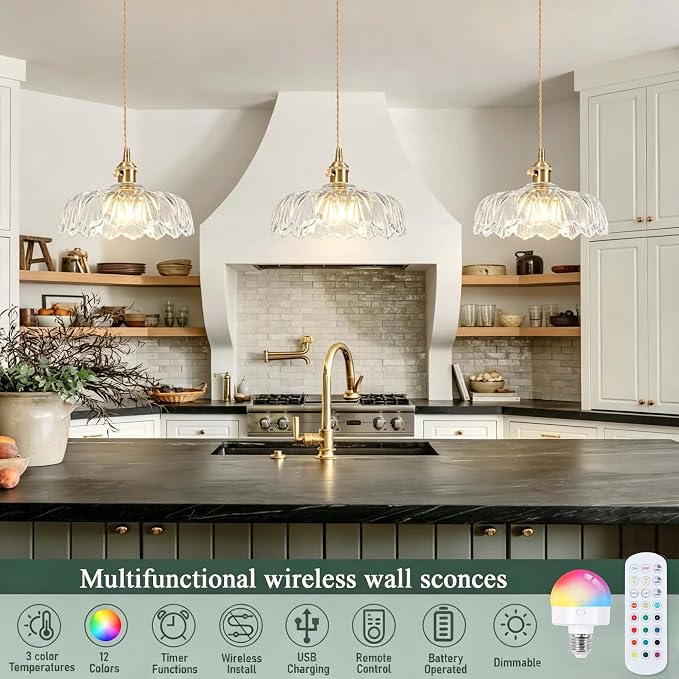 Battery Operated Pendant Light,Vintage Light Fixtures RGB Light Bulb 2500mAh 9.4in Transparent Modern Chandelier with Remote Control Wireless Adjustable Rechargeable Chandelier for Kitchen Island 1PCS