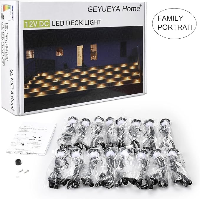 LED Deck Light Kits Warm White, Φ1.22 Recessed Step Light 16 Pack with Black Protective Shell, DC12V Low Voltage LED Deck Lighting, IP67 Waterproof Outdoor Stair Lights for Garden