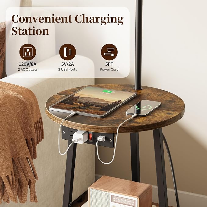 Yoobure Floor Lamp with Table - Farmhouse Night Stand with Charging Station | Side Table with Floor Lamps for Living Room, Bedroom, End Table with Lamp Attached 3 Color Temperatures Bulb, 2 Tier Shelves