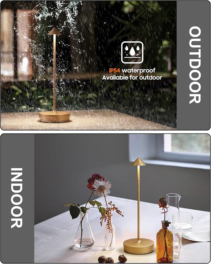 Cordless Table Lamps Rechargeable 6000mAh Battery Operated LED Desk Lamp | Outdoor Waterproof Portable 3 Color Touch Dimmable Table Light for Patio Restaurant Dining Home Set of 2 Capacitor Gold