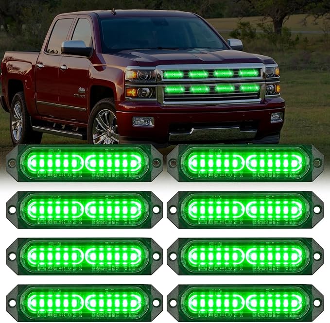Nilight 8PCS Led Strobe Lights 12LED Green Emergency Light 12V 24V Surface Mount Flashing Warning Hazard Beacon Ultra Slim Sync Feature Mini Grille for Cars Trucks Off Road Vehicles SUV