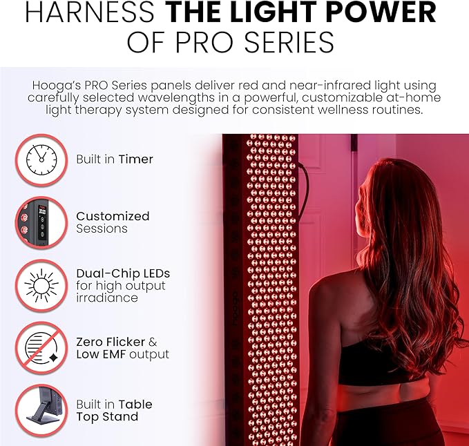 Hooga Red Light Therapy Panel PRO300, Red and Near Infrared Light Device 660nm 850nm, 60 Dual-Chip LEDs, Built-in Timer and Stand, Flicker Free, Compact Panel for Home Wellness Routine