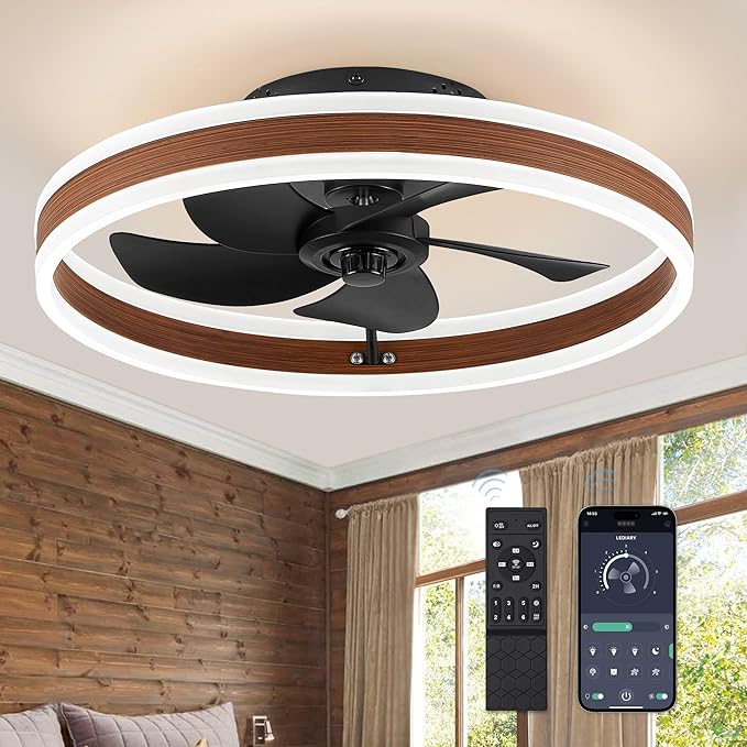 LEDIARY Low Profile Ceiling Fans with Lights, Flush Mount Modern Ceiling Fan and Remote Control, 19.7" LED Ceiling Fans, Stepless Dimmable 3 Colors and 6 Speeds - Walnut