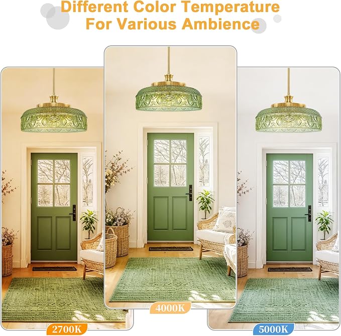 3-Light Pendant Light, Adjustable Pendant Lights Kitchen Island, Green | Farmhouse Pendant Ceiling Hanging Light Fixtures with Glass Shade for Living Room Corridor, Height Angle Adjustable, 3*E12